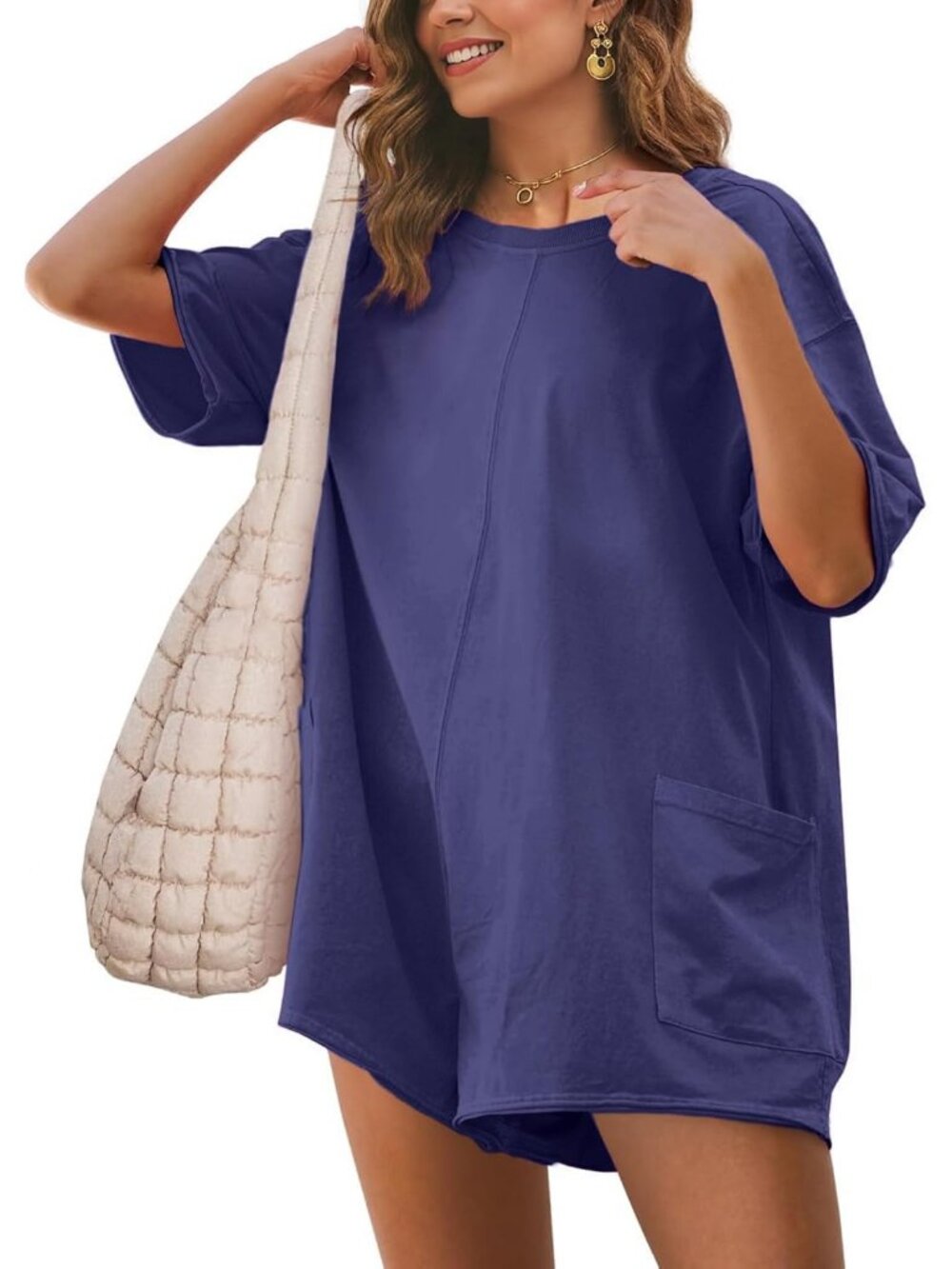 Women Blue Purple Summer Casual Onesie Backless Loose Short Oversized Tee Romper